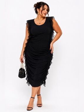 Black Ruched Mesh Ruffle Fairy Goth Midi Dress 1X Whimsy Grunge Dark Romantic